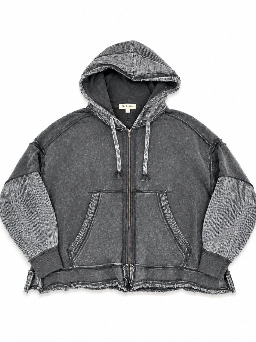 Oli & Hali Mixed Media Hoodie Women’s XL Charcoal Gray Oversized Distressed EUC